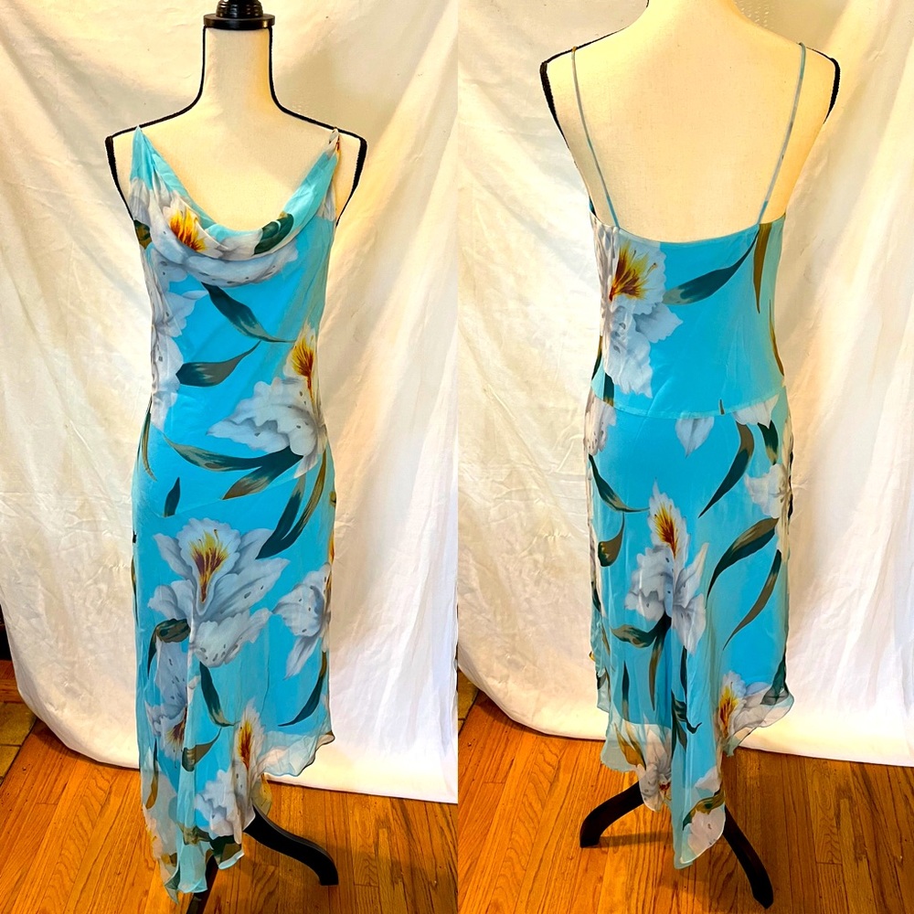 Vintage Y2K stunning SILK blue sheer floral asymmetrical dress 🧚🏼‍♂️